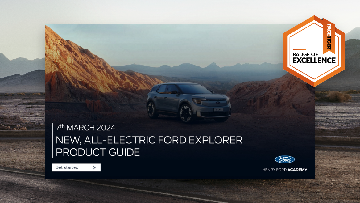 Front cover of the New, All-Electric Ford Explorer Product Guide with image of the car in the mountains